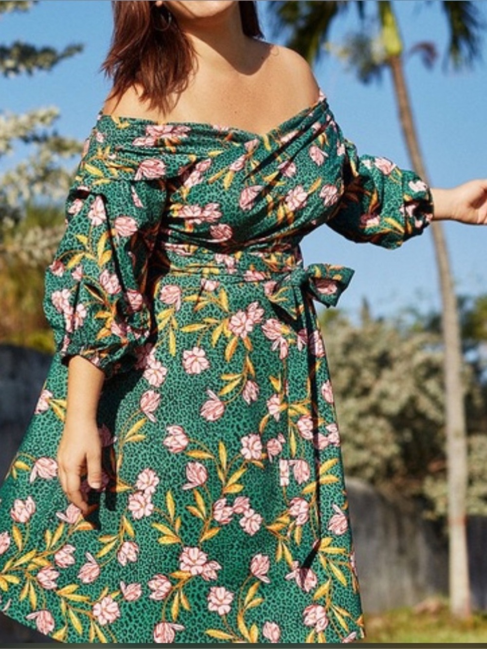 ELOQUII Mixed Print Puff Sleeve Off-the-Shoulder Fit & Flare Midi Dress Size 16